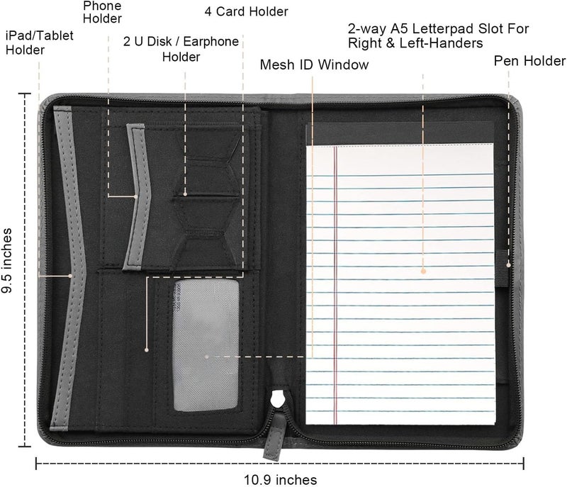 Gorbado Junior Business Padfolio - A5 PU Leather Portfolio Binder & Zippered Binder Folder with 5 x 8 Writing Pad and Interior Storage Pocket Executive Business Organizer for Men Women,Gray - Image 3